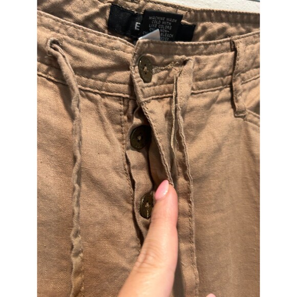 Express Womens Linen Cargo Pants 13/14 Cropped Tan Button Fly Drawstring Beach - Picture 2 of 11